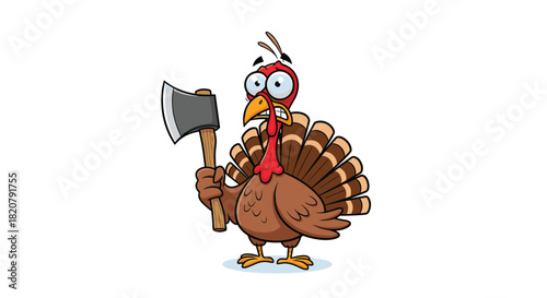 A humorous cartoon turkey, wide-eyed and terrified, clutches an axe, ready to defend itself against the upcoming holiday feast.