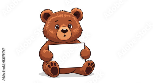 Cute brown cartoon teddy bear character sitting and holding a blank white sign, offering a space for personalized messages or graphics.