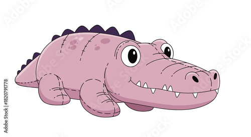 A cute and friendly pink stuffed alligator plush toy with a cheerful expression and visible stitched details on a white background.