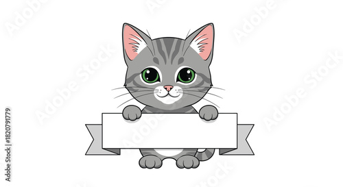 A cute cartoon gray tabby kitten holding a blank white banner with its paws, looking directly at the viewer with big green eyes.