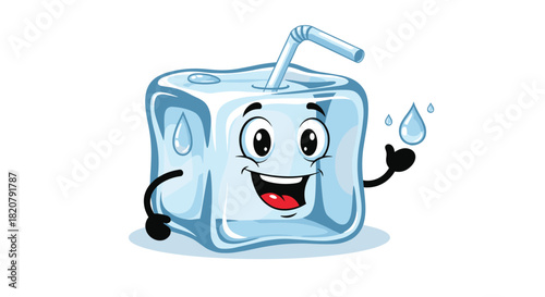 Happy cartoon ice cube character with a straw, holding water drops, representing coolness and refreshment.