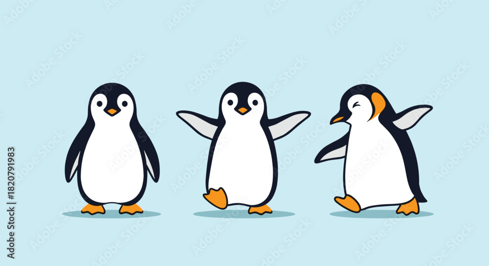 Fototapeta premium Three adorable cartoon penguins waddle happily across a light blue background, showcasing their playful and cute nature.