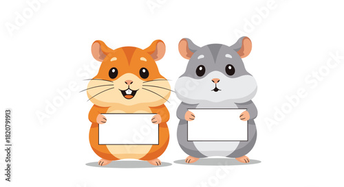 Two adorable cartoon hamsters, one orange and one grey, stand side-by-side holding blank white signs on a clean white background.