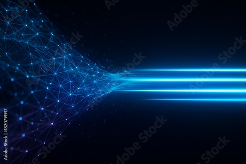 Complex digital network funneling into focused blue light beams, concept of data processing, AI inference and high speed analytics