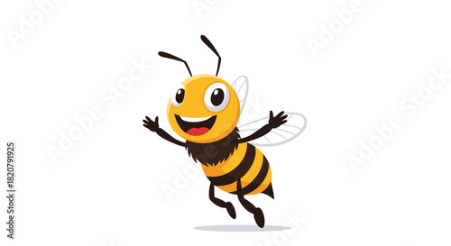 A happy, friendly cartoon bee with a big smile is flying or jumping with outstretched arms against a plain white background.