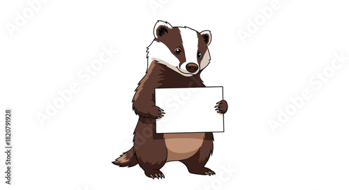 An adorable cartoon badger stands upright on a clean white background, presenting a blank sign ready for a personalized message or announcement.