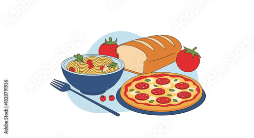 An inviting illustration of popular Italian foods, including a bowl of spaghetti, a whole pizza, a loaf of bread, and fresh tomatoes.
