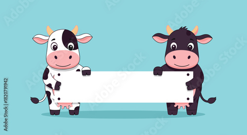 Two cute cartoon cows, one black and white and one black, stand together smiling and holding a blank white banner perfect for your custom message.