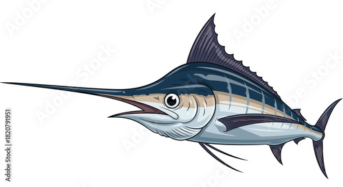 A detailed illustration of a powerful blue marlin fish, showcasing its iconic pointed bill, prominent dorsal fin, and striped body, swimming dynamically.