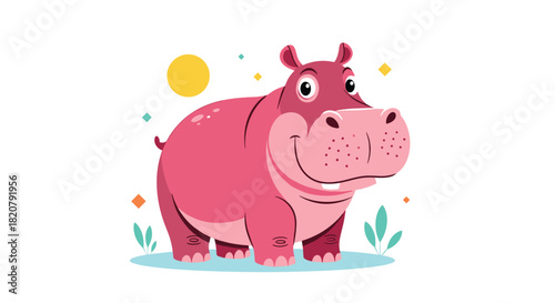 A friendly and cute pink cartoon hippopotamus stands smiling happily in a stylized natural setting with decorative shapes.