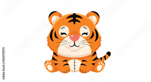 An adorable cartoon baby tiger cub, designed as a charming plush toy, sits smiling with closed eyes, radiating a gentle and happy vibe.
