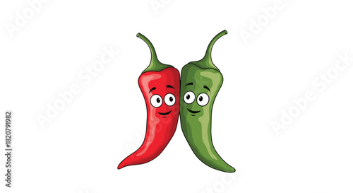 Two vibrant cartoon chili peppers, one red and one green, with happy smiling faces, standing closely together on a clean white background.