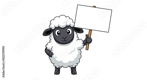 A friendly cartoon sheep with black face and white wool stands, holding an empty blank sign with a wooden stick, ready for text.