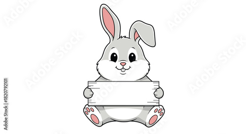 A cute smiling gray cartoon bunny is sitting down and holding a blank white sign, ready for custom text or message.