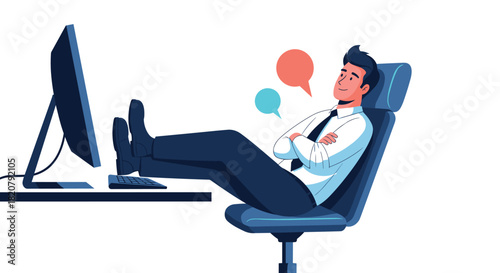A relaxed businessman leans back in his office chair with his feet on the desk, contemplating new ideas with speech bubbles.
