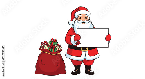 A cheerful Santa Claus stands beside his sack of presents, holding a blank white sign, ready for your festive greeting.