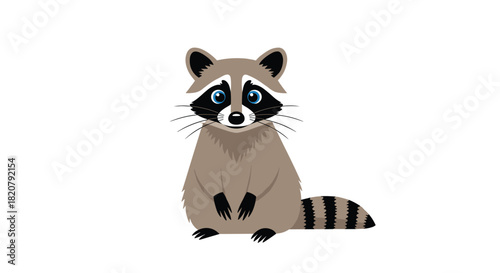 Cute cartoon raccoon sitting on a white background with bright blue eyes and its distinctive black mask.