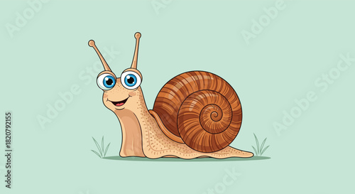 A cheerful cartoon snail with big blue eyes and a detailed brown spiral shell smiles happily on a light green ground.