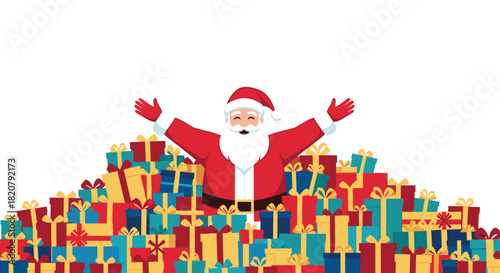 Happy Santa Claus with arms wide open, emerging from a large, festive pile of colorful Christmas presents, symbolizing joy and abundance.
