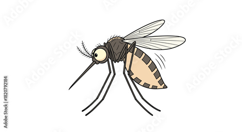 Cartoon mosquito standing with its proboscis extended, featuring large eyes and a striped abdomen on a white background.