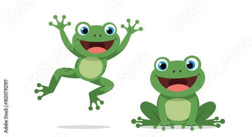Two happy cartoon frogs, one joyfully jumping and the other sitting contentedly, both with wide smiles and big blue eyes, on a clean white background.