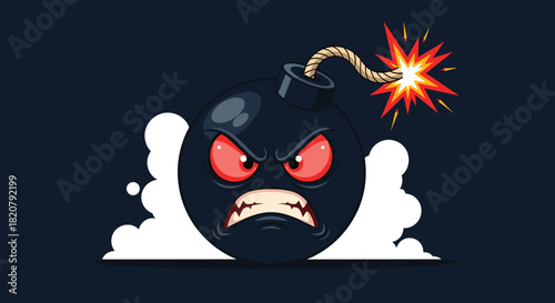 A cartoon bomb with an angry expression, red eyes, and a lit fuse, surrounded by smoke, symbolizes explosive emotions or imminent danger.