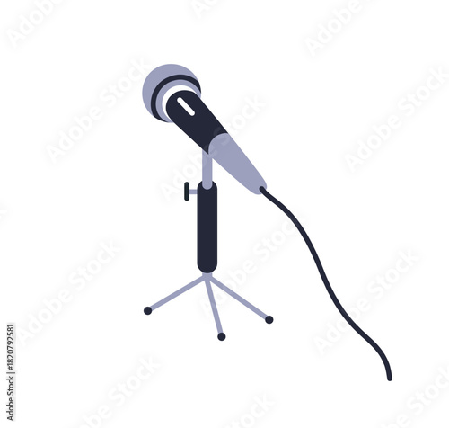 Desk microphone for conference and mass media communication. Mic on desktop stand with cable, wire. Professional mike, voice equipment for TV. Flat vector illustration isolated on white background