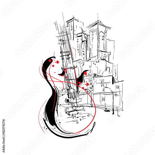 Creative guitar artwork combines music and cityscape in a dynamic design showcasing urban life