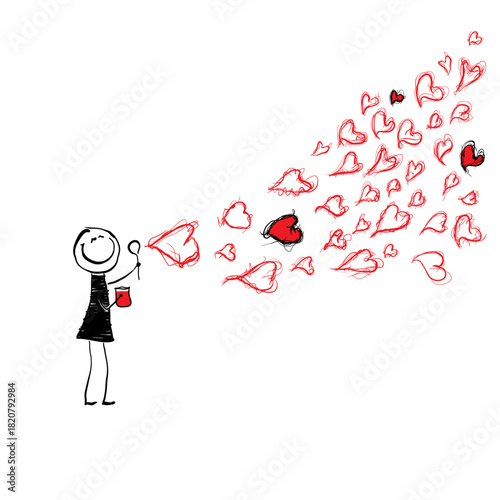 Stick Figure Blowing Hearts Sketch Illustration