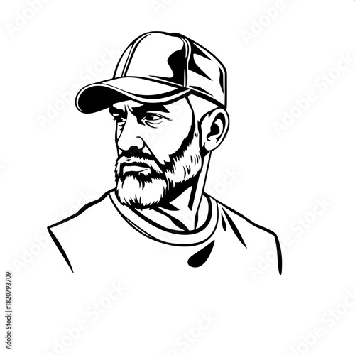 “Black-and-white vector portrait of a middle-aged Mediterranean man in profile, wearing a baseball cap and T-shirt, strong jawline, short beard, bold outlines, high-contrast shadows, minimalist logo-s