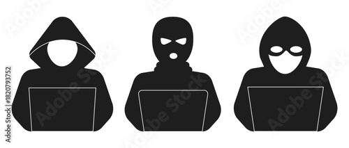 Incognito anonymous character silhouette icon, hacker or scammer with hidden face, villain. Thief, criminal, robber simple sign. 