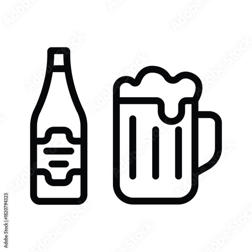 A bottle of beer and a mug outlined in black with a simple cartoonish design