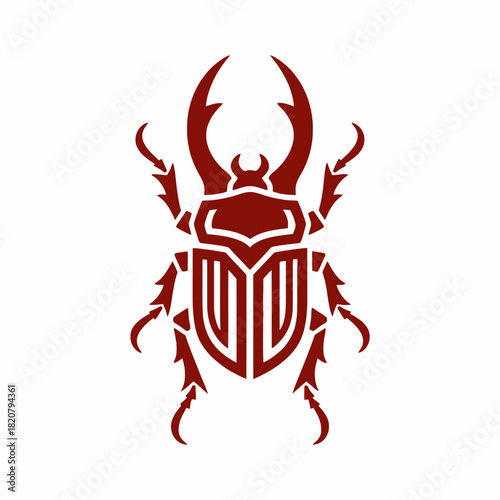 A stylized red stag beetle graphic with large mandibles and geometric patterns, isolated on a white background.