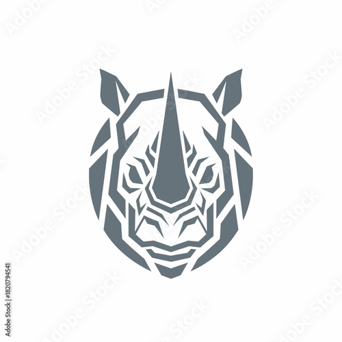 A stylized, geometric gray rhinoceros head logo on a white background.