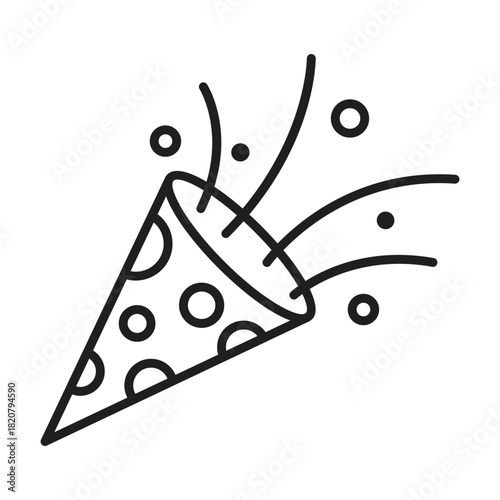 A black  white illustration of a party popper with confetti shooting out The popper is conical with circular patterns