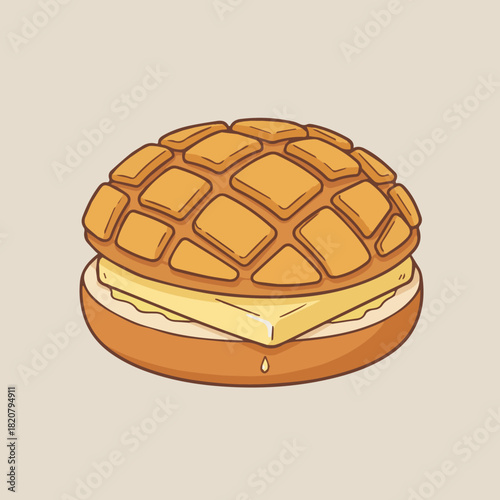  Pineapple Bun with a Slab of Butter
A flat vector illustration of a Hong Kong style pineapple bun (bo lo bao) with a thick slice of butter in the middle. Crisp geometric shapes, golden textured top, 