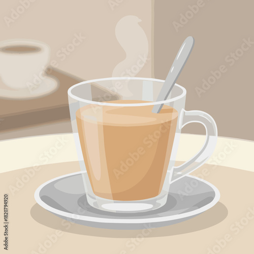 Hong Kong Milk Tea in Glass Cup
A flat vector drawing of traditional Hong Kong milk tea served in a clear glass cup with a metal saucer and spoon. Warm beige tones, smooth gradients
