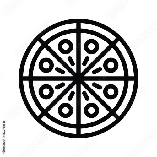 A line drawing of a pizza pie sliced into eight servings It has a double crust and circleslines as toppings