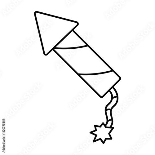 A line drawing of a firecracker with a pointed top cylindrical body with two bands and a fuse leading to a star
