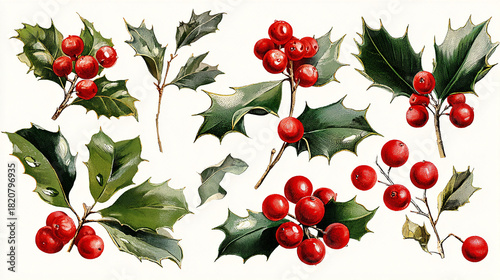 Vintage Botanical Illustration of Holly Berries and Leaves
