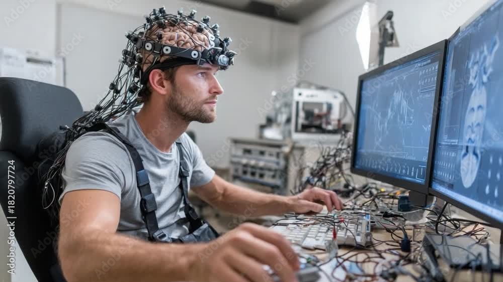 Brainwave Computer Brainwave Analysis: A scientist intensely concentrates on monitoring ...