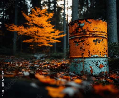 Barrel in autumn leaves in ...
