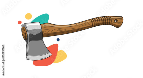 Classic wood handled axe with a sharp metal blade, surrounded by colorful abstract shapes, representing tools, craftsmanship, and strength.