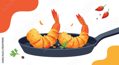 Delicious and spicy fried shrimp cooking in a frying pan with chili peppers, a flavorful and appetizing seafood dish.