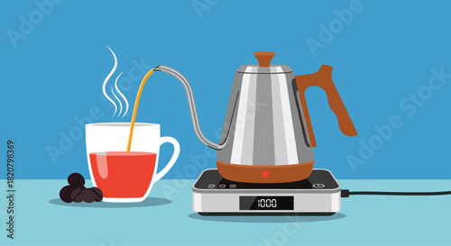 Gooseneck kettle precisely pouring hot coffee into a clear glass mug on a digital scale with roasted beans nearby for brewing.