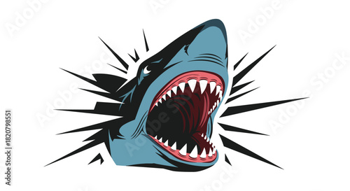 Ferocious shark head with sharp teeth and wide open jaws emerging from a powerful starburst pattern background.
