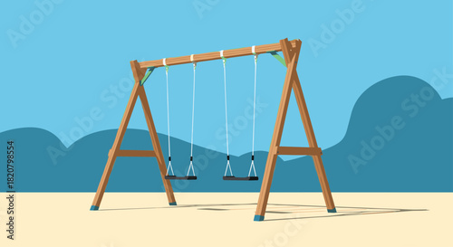 A classic wooden swing set with two empty swings standing in a sunny outdoor playground with blue sky.