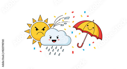 Angry cartoon sun and cloud raining with windy weather and a happy umbrella offering protection from elements.