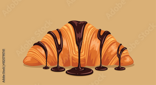 A delectable croissant generously drizzled with rich melting chocolate sauce against a warm brown background.