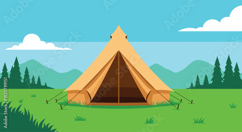 A cozy large canvas tent pitched in a lush green field surrounded by towering trees and majestic mountains.